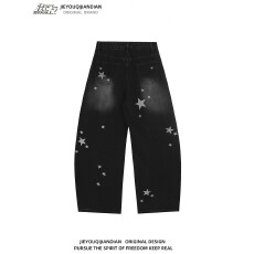 批发美式复古水洗星星印花弯刀牛仔裤<b class='q'>男</b>女高腰阔腿宽松慵懒风<b class='q'>休闲裤</b>潮