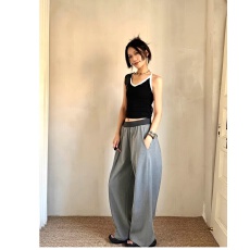 批发秋冬新款撞色松紧腰设计灰色宽松褶皱宽松阔腿休闲西裤