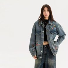 批发ins流行气质慵懒时尚日系潮流百搭文艺刺绣牛仔外套简约原宿新款