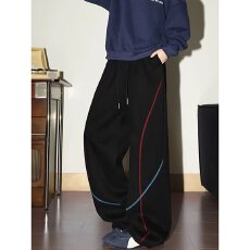 批发早秋新款女松紧腰拼条撞色宽松阔腿<b class='q'>运动</b>裤抽绳束脚卫裤拖地裤长裤