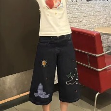 批发美式复古丹宁刺绣设计感七分<b class='q'>牛仔</b>裤<b class='q'>男</b>女夏季街头百搭宽松阔腿<b class='q'>短裤</b>