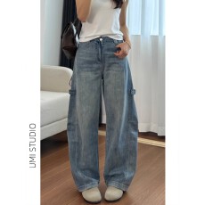 批发大码高腰阔腿工装牛仔裤女<b class='q'>胖</b>mm<b class='q'>秋季</b>新款宽松显瘦高街廓形弯刀长裤