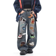 批发美式时尚高级感卡通刺绣<b class='q'>个性</b>潮流休闲拖地阔脚裤<b class='q'>水</b>洗<b class='q'>牛仔裤</b>男<b class='q'>女</b>款