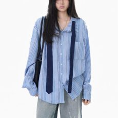 批发配送领带条纹长袖<b class='q'>衬衫</b>男女春秋新款宽松显瘦百搭休闲上衣情侣潮