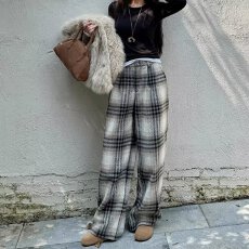 批发毛呢加绒格子裤女秋冬高腰垂感经典复古休闲直筒裤<b class='q'>春</b>秋窄版阔腿裤