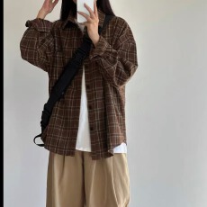 批发新款日系复古外套格子长袖<b class='q'>衬衫</b>男女款外搭宽松磨破设计感上衣秋装