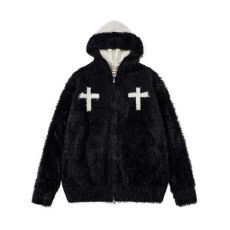 批发重磅痞帅十字花毛绒绒连帽毛衣外套男女情侣装秋冬<b class='q'>潮牌</b>宽松针织衫