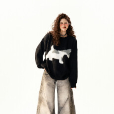 批发原版高质量仿水貂绒趣味小狗圆领毛衣女秋冬宽松慵懒套头针织衫