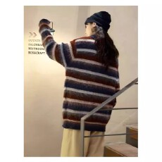 批发百花绒刷毛慵懒覆古polo领条纹毛衣<b class='q'>男</b>女秋冬老钱风新款翻领