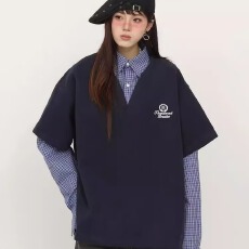 批发复古学院风假两件衬衫<b class='q'>男</b>女春秋季潮牌宽松情侣长袖卫衣情侣装外套