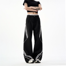 批发黑色美式休闲卫裤女秋冬季新款斜杠条纹运动裤子直筒阔腿情侣长裤