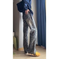 批发2025夏季新款麻料阔腿裤女印花时尚百搭休闲裤松紧腰直筒拖地裤女