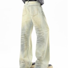 脏染做旧水洗压褶猫须牛仔裤男女宽松直筒垂感阔腿潮牌痞帅裤子