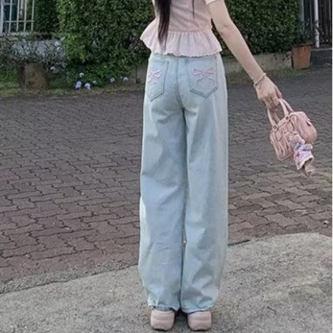 MY14589# 后口袋刺绣蝴蝶结牛仔裤新款高腰宽松直筒裤阔腿裤拖地裤女裝...