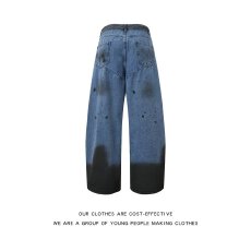 批发美式复古蓝色玫瑰刺绣烫钻牛仔裤2025新款高腰重工水洗显瘦直筒裤