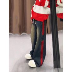 批发美式复古<b class='q'>条纹</b>阔腿长<b class='q'>裤</b>男女秋冬潮牌休闲宽松高街牛仔<b class='q'>裤</b>百搭直筒<b class='q'>裤</b>