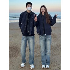 批发翻领拼接假两件牛仔外套男女春秋季复古痞帅短款工装<b class='q'>夹克</b>上衣