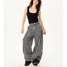 批发美式高街复古格子<b class='q'>西装</b>裤女春秋2025新款设计感宽松直筒拖地阔腿裤