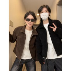 批发美式鹿皮绒短款行政<b class='q'>夹克</b>男女高级感棕色外套韩系轻奢工装飞行员潮