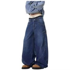 批发美式复古大口袋立体解构拼接弯刀牛仔裤男宽松阔腿慵懒baggy裤子