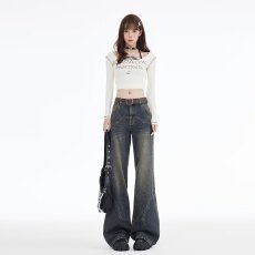 批发美式复古高腰微喇叭牛仔裤女<b class='q'>秋</b>冬新款宽松显瘦垂感阔腿直筒裤
