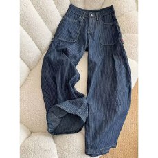 批发2026<b class='q'>春</b>秋丹宁深蓝色工装牛仔裤男女宽松美式复古休闲直筒阔腿裤子