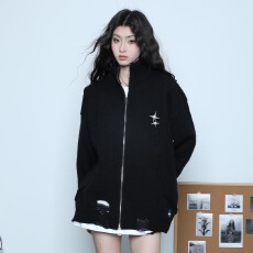 批发美拉德<b class='q'>可爱</b>秋季新款杏色立领开衫毛衣女ins慵懒宽松情侣针织衫