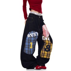 批发美式格子贴布刺绣<b class='q'>牛仔裤</b>男<b class='q'>女</b>cleanfit廓形宽松高街情侣阔腿<b class='q'>裤</b>