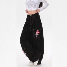 批发<b class='q'>黑色</b>渐变刺绣<b class='q'>牛仔裤</b><b class='q'>女</b>秋季新款大码宽松显瘦高腰直筒阔腿裤子