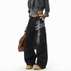 批发大码美式复古水洗褶皱宽松工装裤男<b class='q'>女</b>高街多口袋阔腿休闲百搭长裤