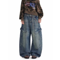 批发美式复古口袋工装<b class='q'>男</b>女小众<b class='q'>裤子</b>新款潮流水洗高街弯刀牛仔裤