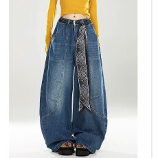 批发新款日系复古水洗做旧弯刀<b class='q'>牛仔裤</b>男<b class='q'>女</b>生宽松直筒休闲阔腿拖地裤潮