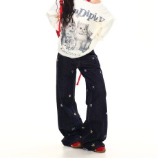 批发美式复古卡通刺绣弯刀<b class='q'>牛仔裤</b>男<b class='q'>女</b>秋季新款水洗阔腿休闲长裤子