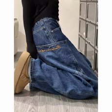 批发大码胖mm美式高街字母刺绣工<b class='q'>装</b>弯刀牛仔裤女秋冬宽松高腰阔腿裤子
