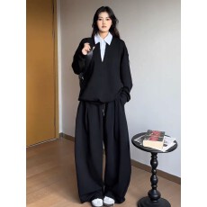 批发春秋季<b class='q'>衬衫</b>拼接假两件休闲卫衣套装男女高级感宽松<b class='q'>运动</b>两件套