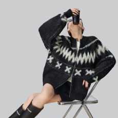 批发美式复古撞色慵懒风毛衣男女冬季宽松针织衫加厚保暖<b class='q'>外套</b>