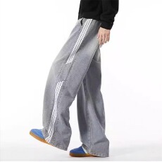 批发条纹拼接<b class='q'>牛仔裤</b>男女款直筒宽松紧腰阔腿裤子潮牌美式复古拖地长裤