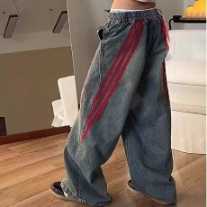 批发美式复古条纹撞色拼接做旧<b class='q'>牛仔裤</b>男女潮直筒宽松工装阔腿长裤