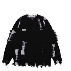 秋冬不规则破洞设计感圆领针织衫男女2025复古宽松潮流高街毛衣