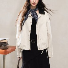 批发韩国chic<b class='q'>秋</b>复古洋气撞色翻领单排扣宽松百搭长袖工装夹克短外套女