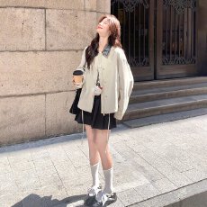 批发韩国chic<b class='q'>秋</b>复古洋气撞色翻领单排扣宽松百搭长袖工装夹克短外套女