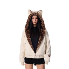 批发豹纹内里座山雕棉服秋冬前卫焦点<b class='q'>可爱</b>兔耳朵男女卫衣加绒外套