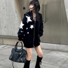 批发美式复古<b class='q'>街头</b>星星拉链针织开衫毛衣宽松休闲百搭连帽外套女