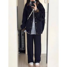 批发2025春秋港风水洗黑色美式复古牛仔外套女新款设计感宽松夹克上衣