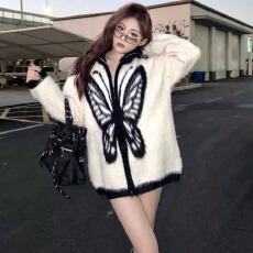 批发水貂绒美式<b class='q'>街头</b>蝴蝶结拼接开衫拉链毛衣秋冬慵懒风针织衫拼色外套