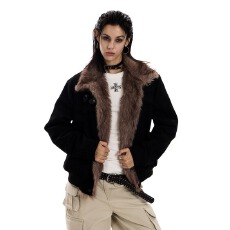 批发麂皮绒拼雪花绒加绒前言日记立领座山雕夹克外套女机车服棉衣