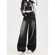 批发高腰旺匠抽绳牛仔直筒长裤女春秋学生胖mm垂感显瘦百搭休闲阔腿裤