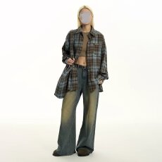 批发2024新款美式复古格子长袖衬衫女夏慵懒<b class='q'>街头</b>衬衣情侣薄外套潮