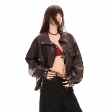 批发美式复古飞行员皮衣夹克女<b class='q'>春</b>秋款美拉德棕色酷飒风翻领pu外套女潮