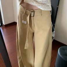 高腰卡其色绑带牛仔裤阔腿2025显瘦新款垂感设计宽松拖地裤子